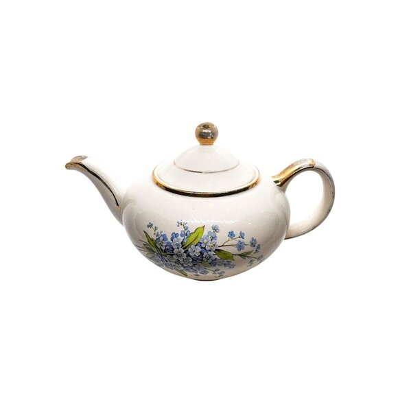 Vintage Heatmaster Ceramic Teapot 6-Cup Blue Floral Gold Accents Made In England - Picture 1 of 9
